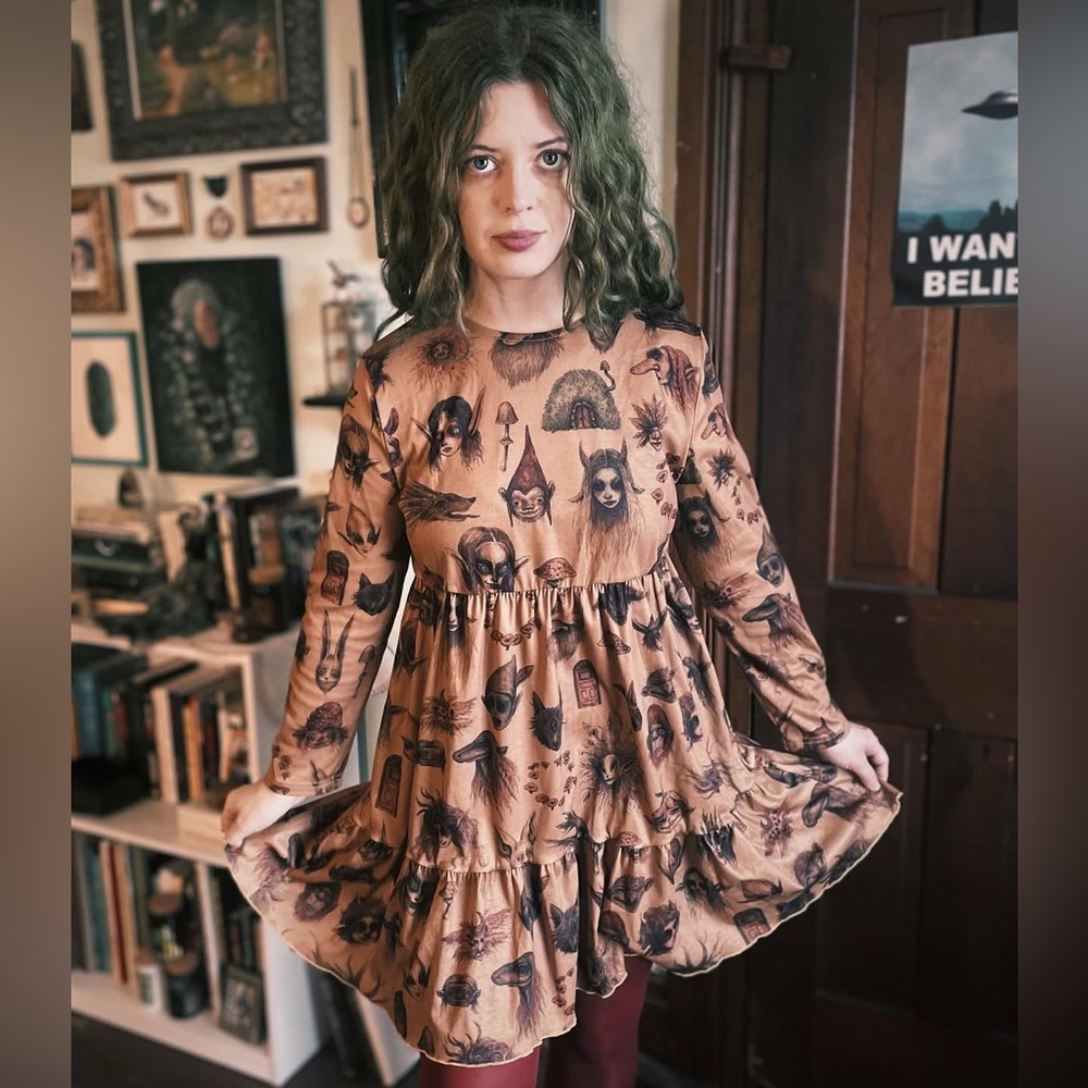 Good Folk Goblin Trolls Whimsical Creatures Print Brett Manning Tiered Dress